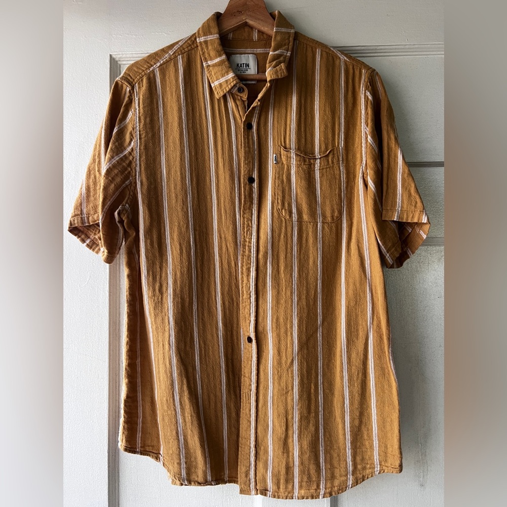 Katin Men's Mustard Yellow Striped Short Sleeve Button-Up Shirt
